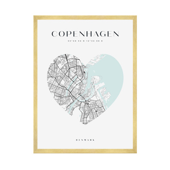 Poster Copenhagen city map heart 40X50 cm + gold frame