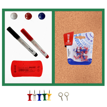 Dry-erase cork board magnetic wooden frame green 60x40 + pins 30 pcs + 2 markers + sponge