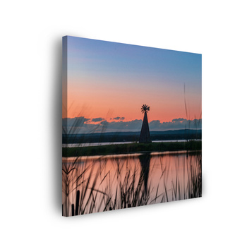Canvas Print Windmill Sky Nature Sunset Lake Grass 90x90