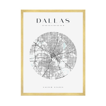 Poster Map of Dallas city circle 40X50 cm + gold frame