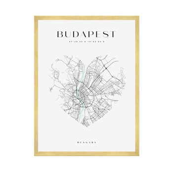 Poster Budapest city map heart 40X50 cm + gold frame