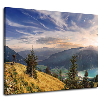 Canvas Print Sun Over Mountains Clouds Village 100x80 cm