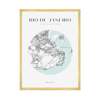 Poster Map of Rio De Janeiro city circle 40X50 cm + gold frame