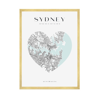 Poster Sydney city map heart 40X50 cm + gold frame