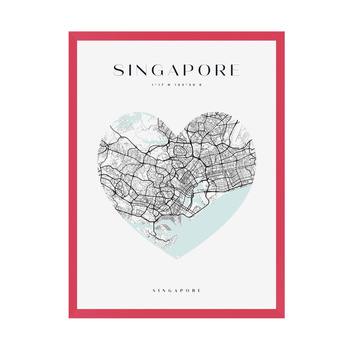 Poster Singapore city map heart 24X30 cm + amaranth frame