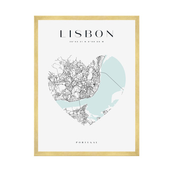 Poster Lisbon city map heart 50X70 cm + gold frame