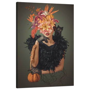 Canvas Print Lady with Cat Flowers Black 80x120 cm