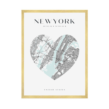 Poster New York city map heart 40X50 cm + gold frame