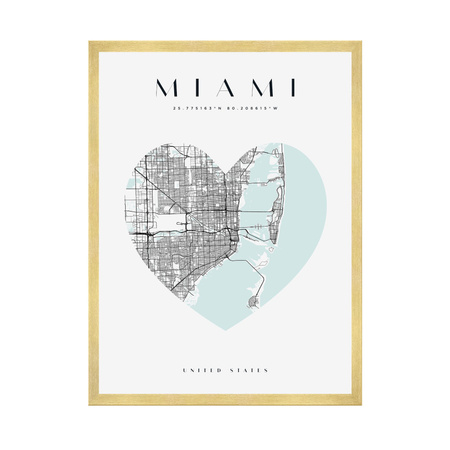 Poster Miami city map heart 40X50 cm + gold frame