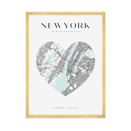 Poster New York city map heart 40X50 cm + gold frame
