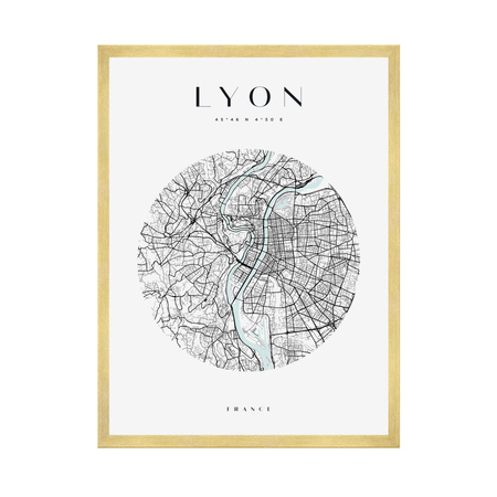 Poster Map of Lyon city circle 40X50 cm + gold frame