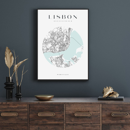 Poster Lisbon city map circle 40X50 cm + gold frame