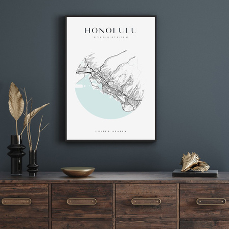 Poster Honolulu city map circle 40X50 cm + gold frame