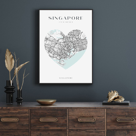 Poster Singapore city map heart 24X30 cm + amaranth frame