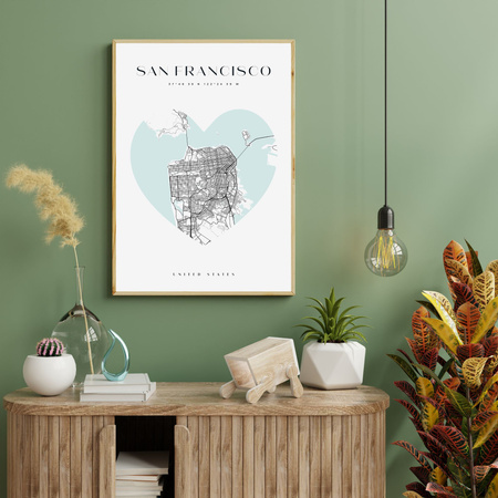 Poster San Francisco city map heart 40X50 cm + gold frame
