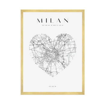 Poster Milan city map heart 40X50 cm + gold frame