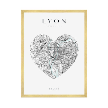 Poster Lyon city map heart 40X50 cm + gold frame