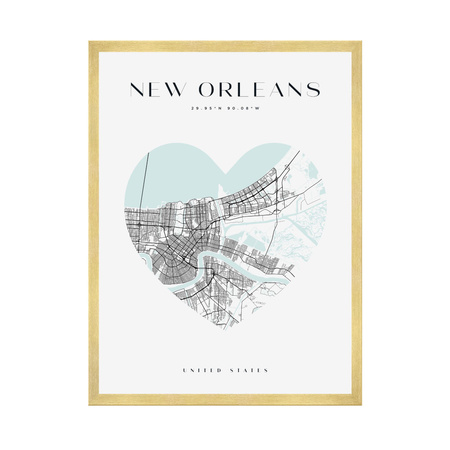 Poster New Orleans city map heart 40X50 cm + gold frame