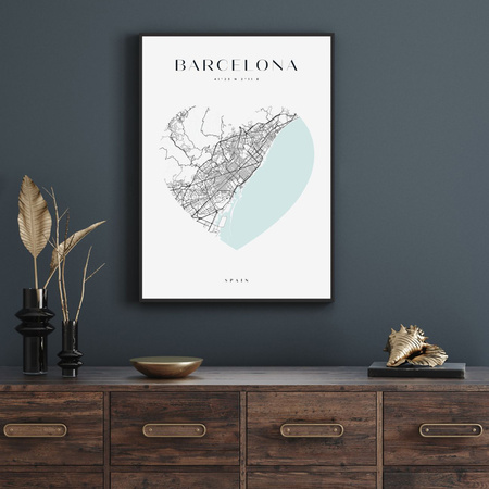 Poster Barcelona city map heart 40X50 cm + gold frame