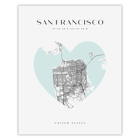 Poster San Francisco city map heart 40X50 cm + gold frame