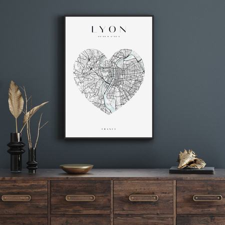 Poster Lyon city map heart 40X50 cm + gold frame