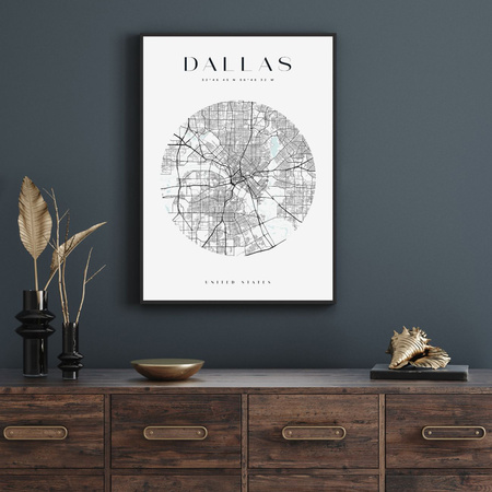 Poster Map of Dallas city circle 40X50 cm + gold frame