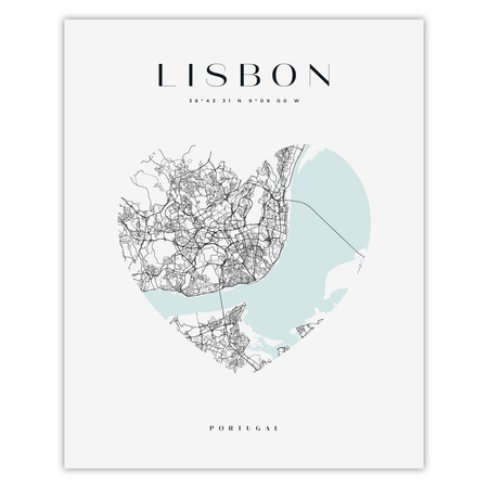 Poster Lisbon city map heart 40X50 cm + gold frame
