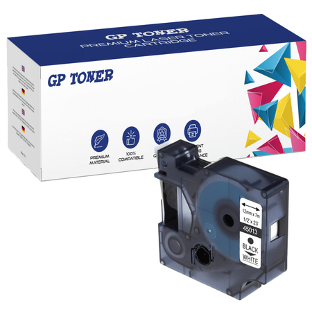 Tape for Dymo D1 45013 12mm x 7m White Black print - replacement GP-D45013