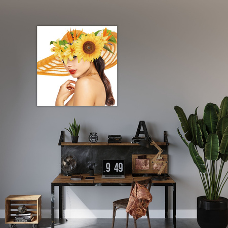 Canvas Print Summer Woman Beauty Hat Flowers 90X90 cm