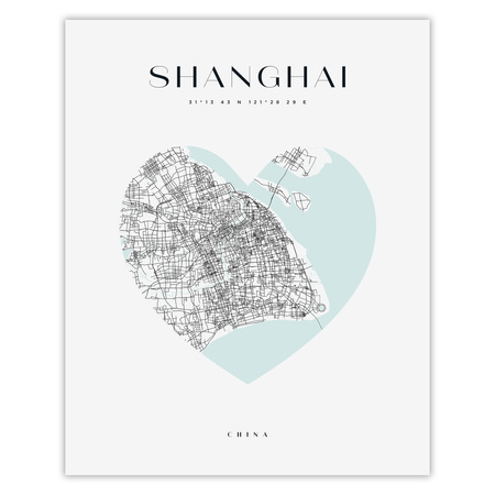 Poster Shanghai city map heart 40X50 cm + gold frame