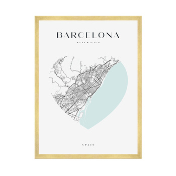 Poster Barcelona city map heart 40X50 cm + gold frame