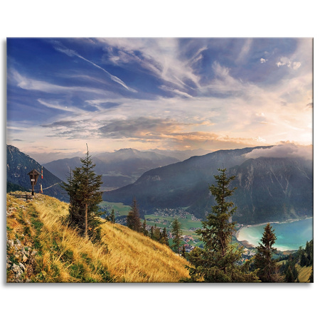 Canvas Print Sun Over Mountains Clouds Village 100x80 cm