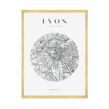 Poster Map of Lyon city circle 40X50 cm + gold frame