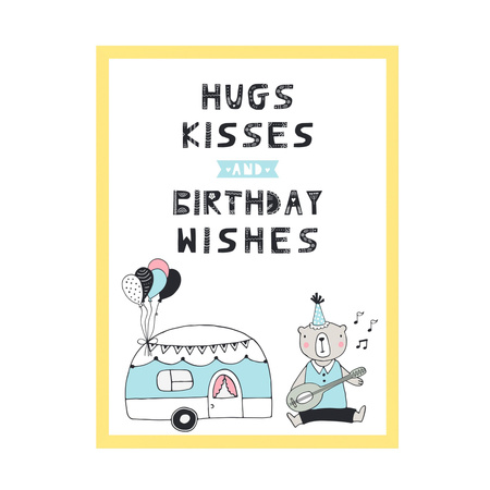 Hugs kisses Birthday Poster 21X29.7 cm + yellow frame