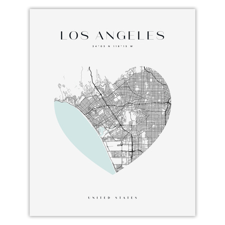 Poster Los Angeles city map heart 40X50 cm + gold frame