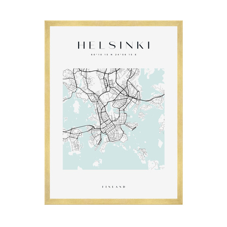 Poster Helsinki city map square 40X50 cm + gold frame