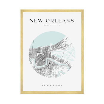 Poster Map of the city of New Orleans circle 40X50 cm + gold frame