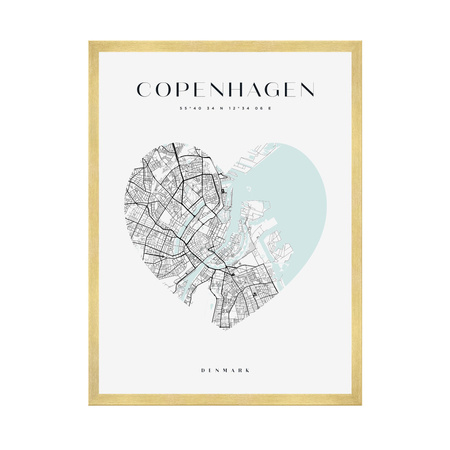 Poster Copenhagen city map heart 40X50 cm + gold frame