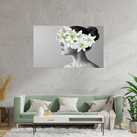 Canvas Print Black and White Woman Flowers 120x80 cm