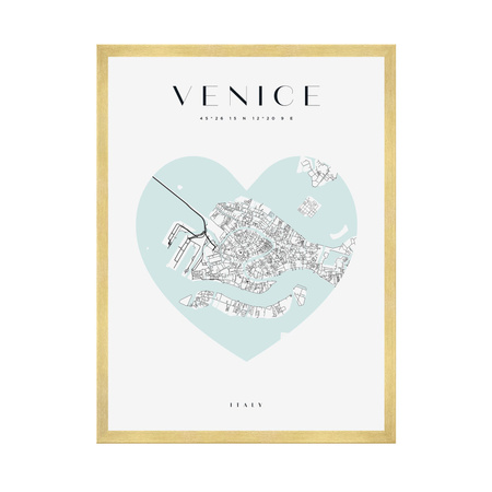 Poster Venice city map heart 40X50 cm + gold frame