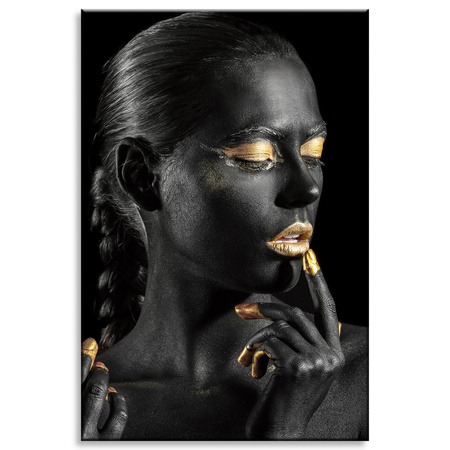 Canvas Print Black Woman Golden Lips Eyes Pose 80x120 cm