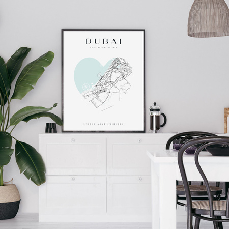 Poster Dubai city map heart 40X50 cm + gold frame