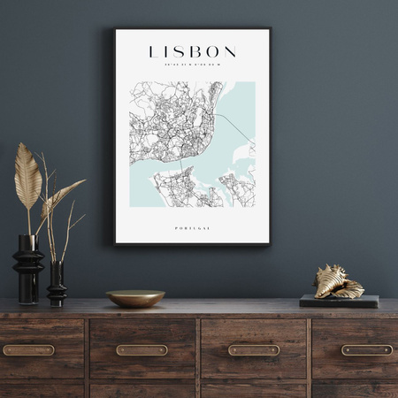 Poster Lisbon city map square 40X50 cm + gold frame