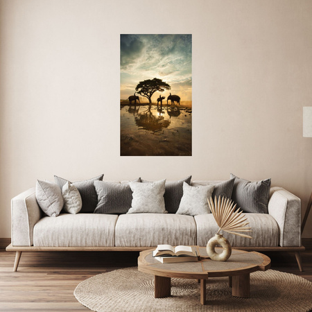 Canvas Print People on Elephants at Sunset 80x120 cm