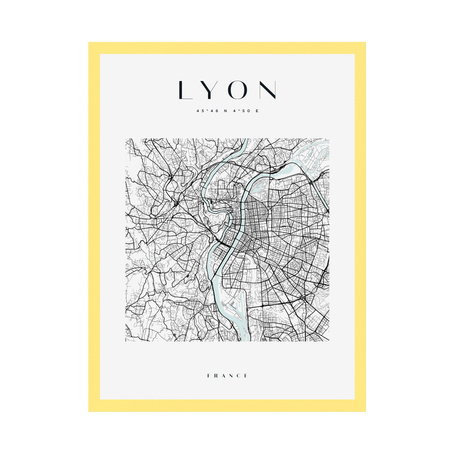 Poster Map of the city of Lyon square 24X30 cm + yellow frame