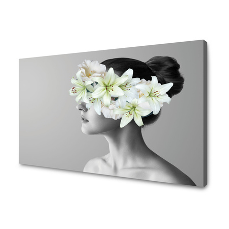 Canvas Print Black and White Woman Flowers 120x80 cm