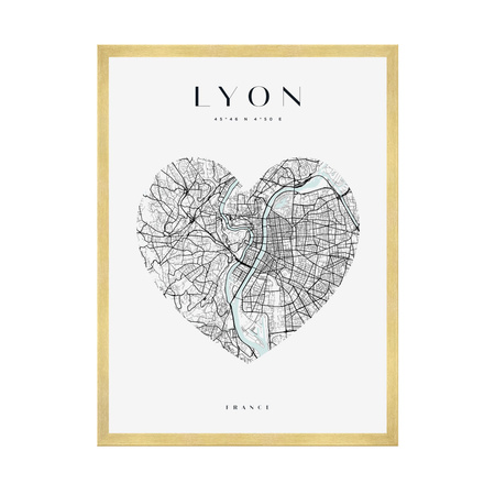 Poster Lyon city map heart 40X50 cm + gold frame