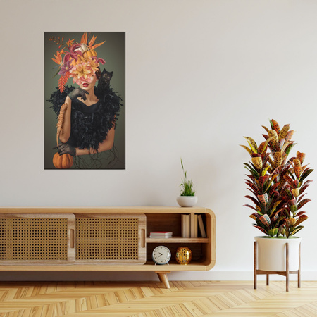 Canvas Print Lady with Cat Flowers Black 80x120 cm