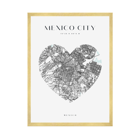 Poster Map of Mexico City heart 40X50 cm + gold frame