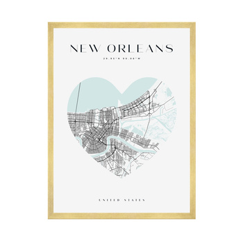 Poster New Orleans city map heart 40X50 cm + gold frame